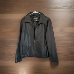 Eddie Bauer Black Leather Coat Jacket Bomber Jacket Size L Large Lined Buckles